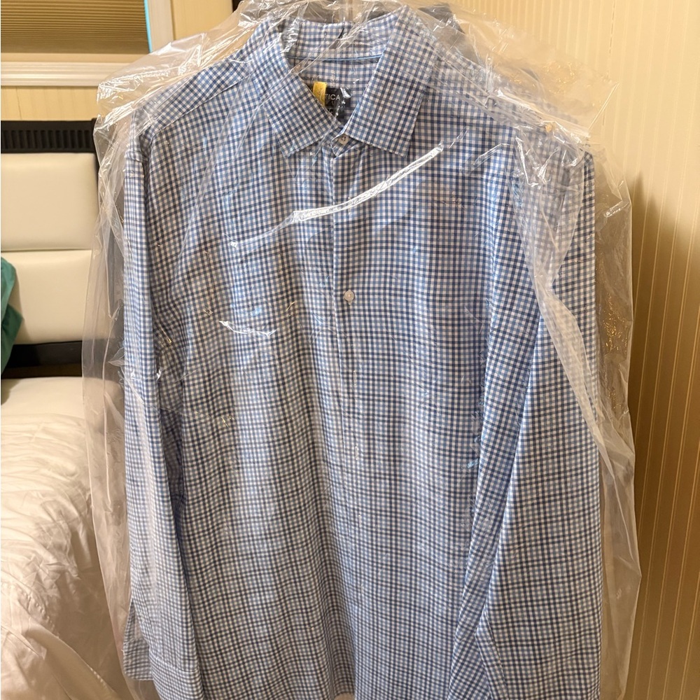 Nautica Men's Blue and White Checkered Dress Shirt